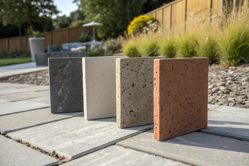 Concrete color sample comparison showing grey, sandstone, charcoal and terracotta options for Newcastle homes
