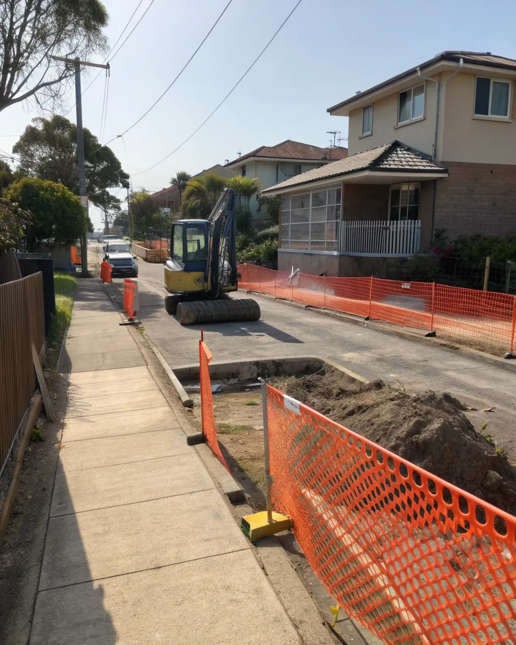 Concrete demolition site with safety barriers and protective measures in place