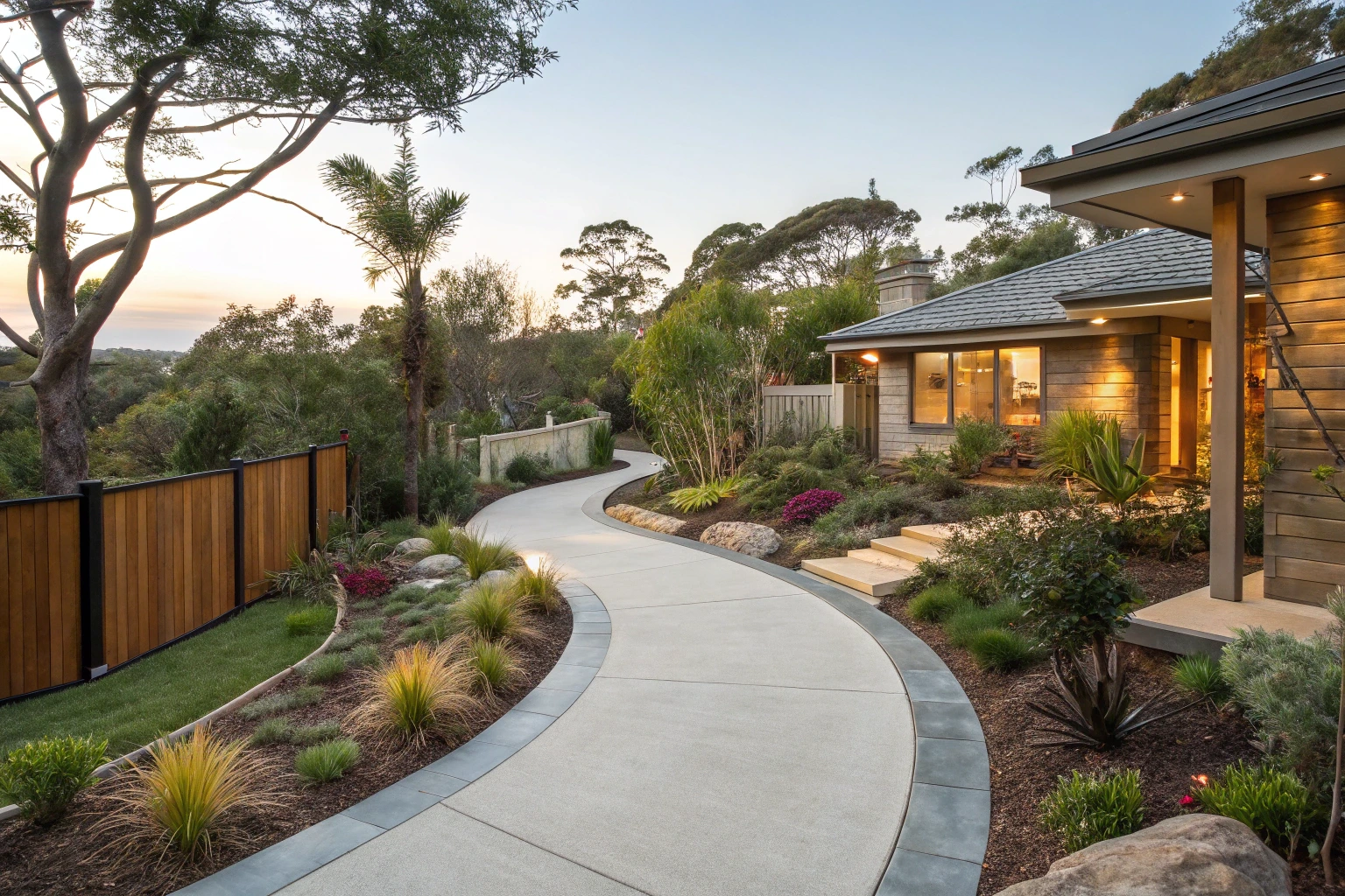 Concrete garden pathway winding through a landscaped Newcastle backyard toward the home