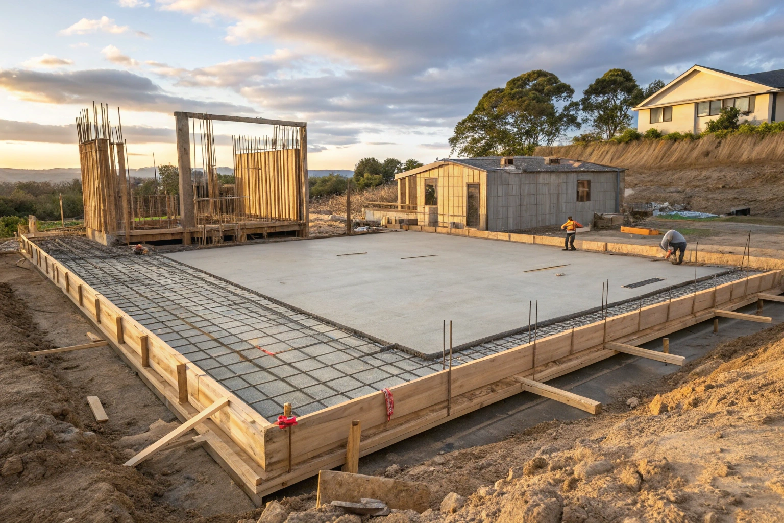 Concrete house slab pour with reinforcement mesh and timber formwork on a Newcastle building site
