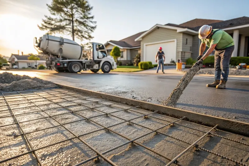 Professional concrete pour showing SL82 reinforcement mesh for Newcastle driveway installation