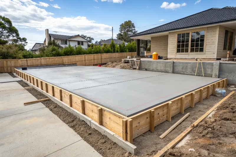 Completed cured concrete slab ready for construction in Newcastle home