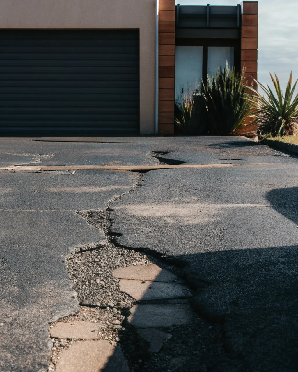 Damaged residential concrete driveway showing cracking before repair