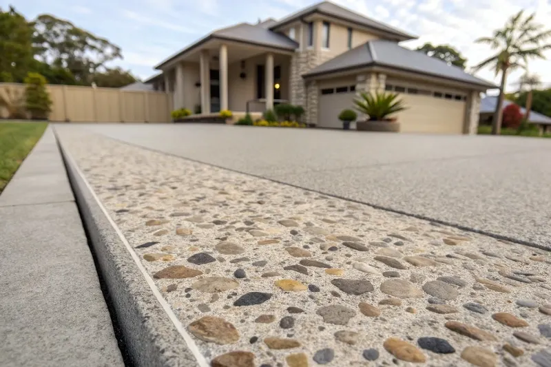 Close-up of exposed aggregate concrete driveway showing natural stone texture in Newcastle residential property