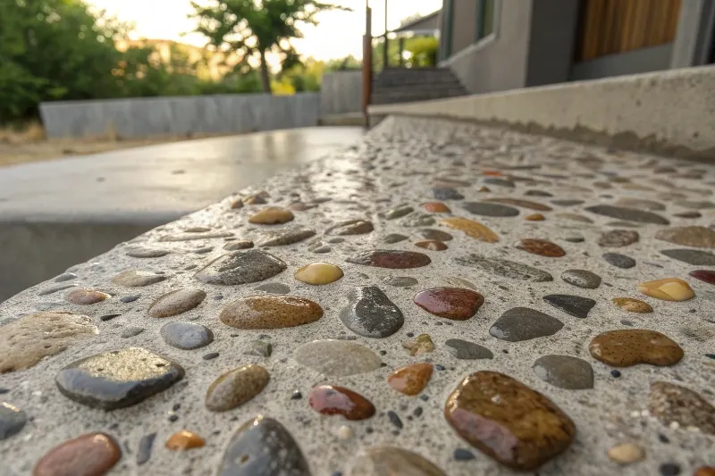 Close-up of exposed aggregate concrete finish showing stone texture for Newcastle driveways
