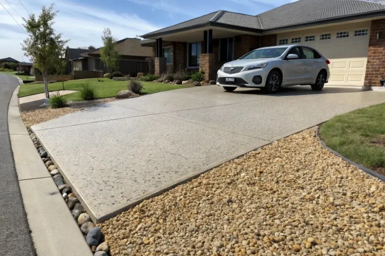 Exposed aggregate concrete driveway in Newcastle with natural stone finish and vehicle parked