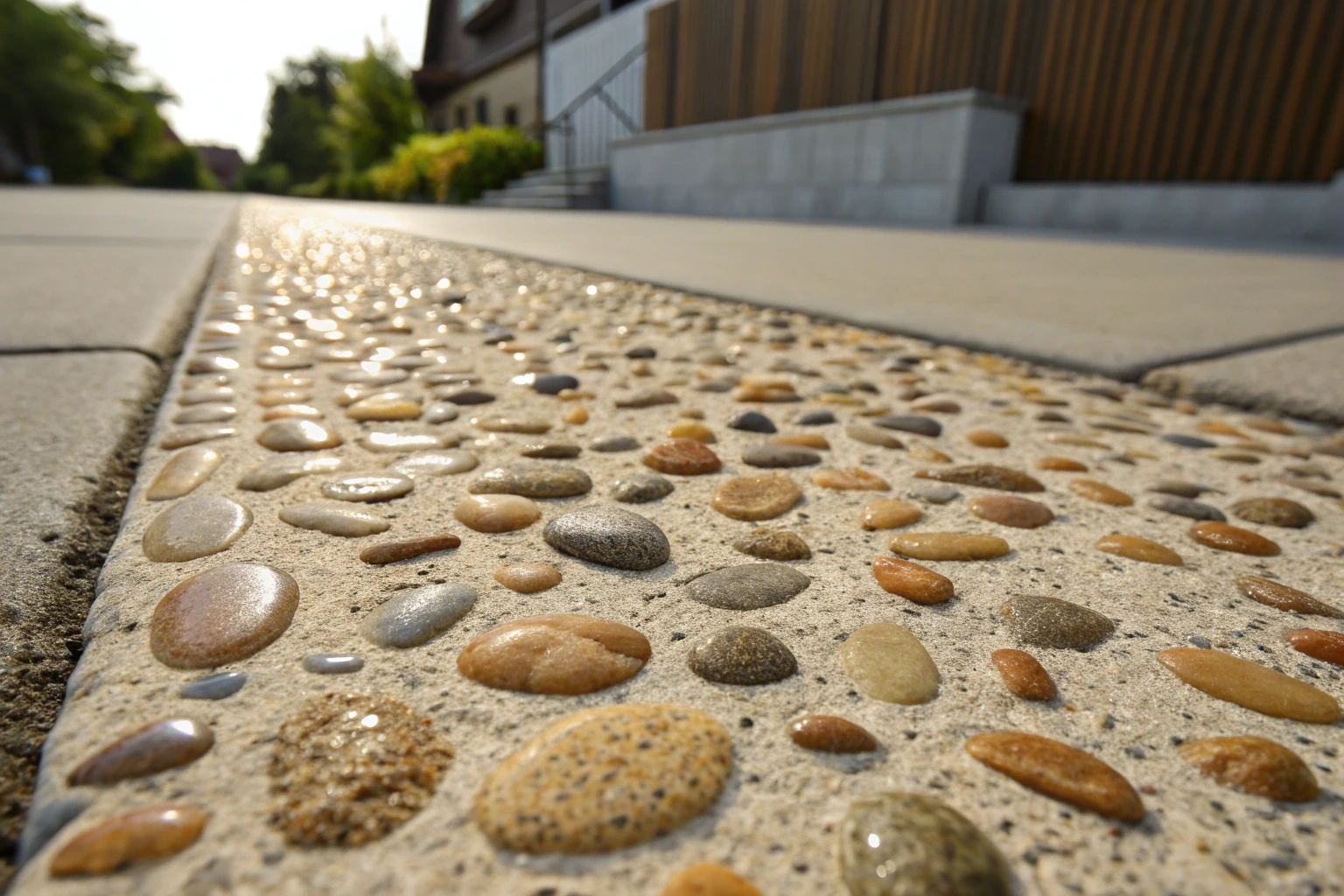 Close-up of sealed exposed aggregate concrete showing embedded river-pebble texture