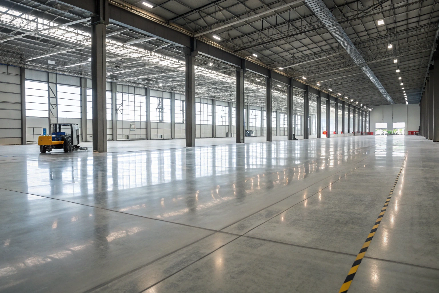 Large industrial warehouse floor with freshly power-trowelled and sealed concrete surface