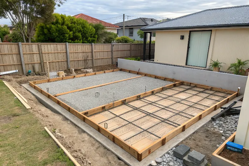 Patio area preparation with formwork for concrete slab installation in Newcastle backyard