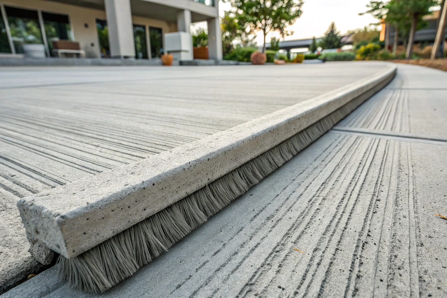Close-up of standard broom-finish plain concrete surface with a tooled control joint edge