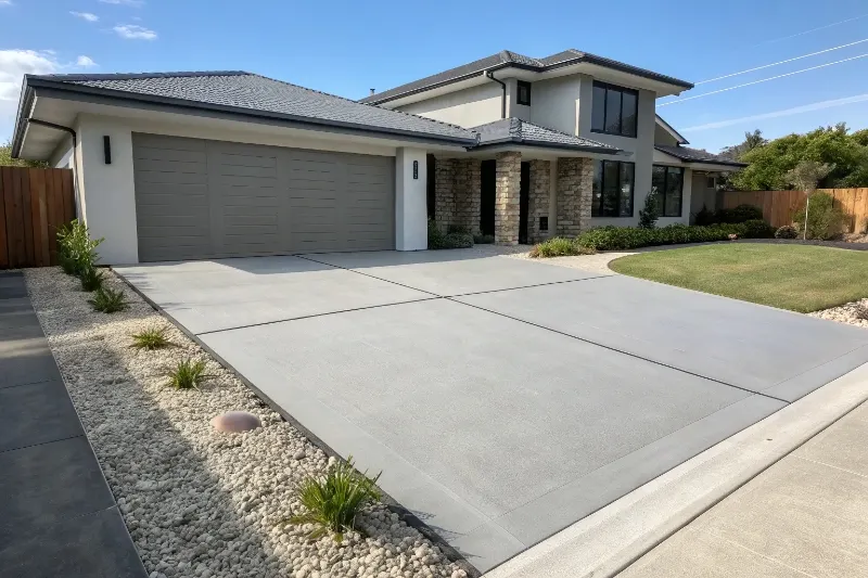 Completed plain concrete driveway with broom finish in Newcastle residential property