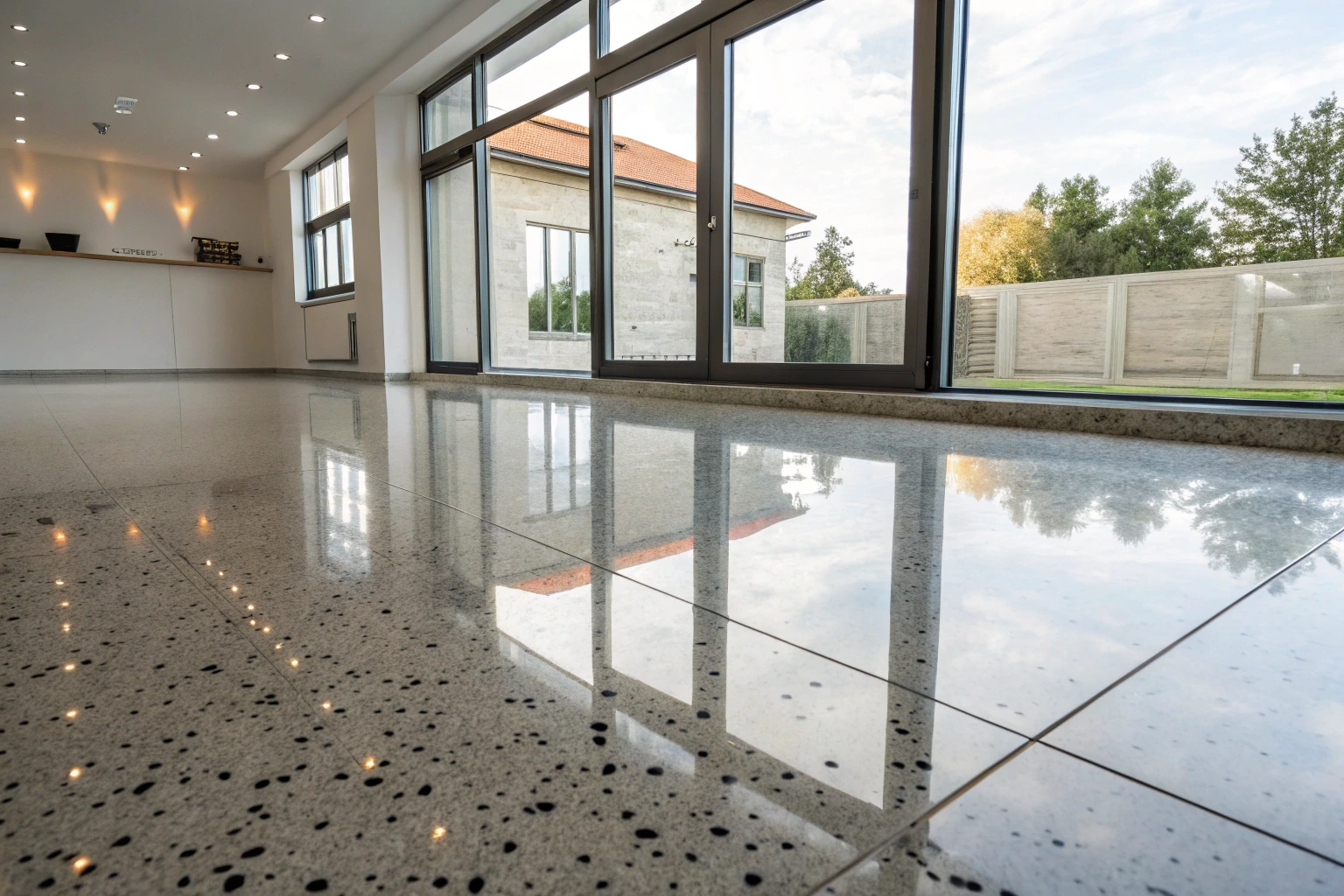 Mechanically ground and polished concrete floor with a reflective satin sheen