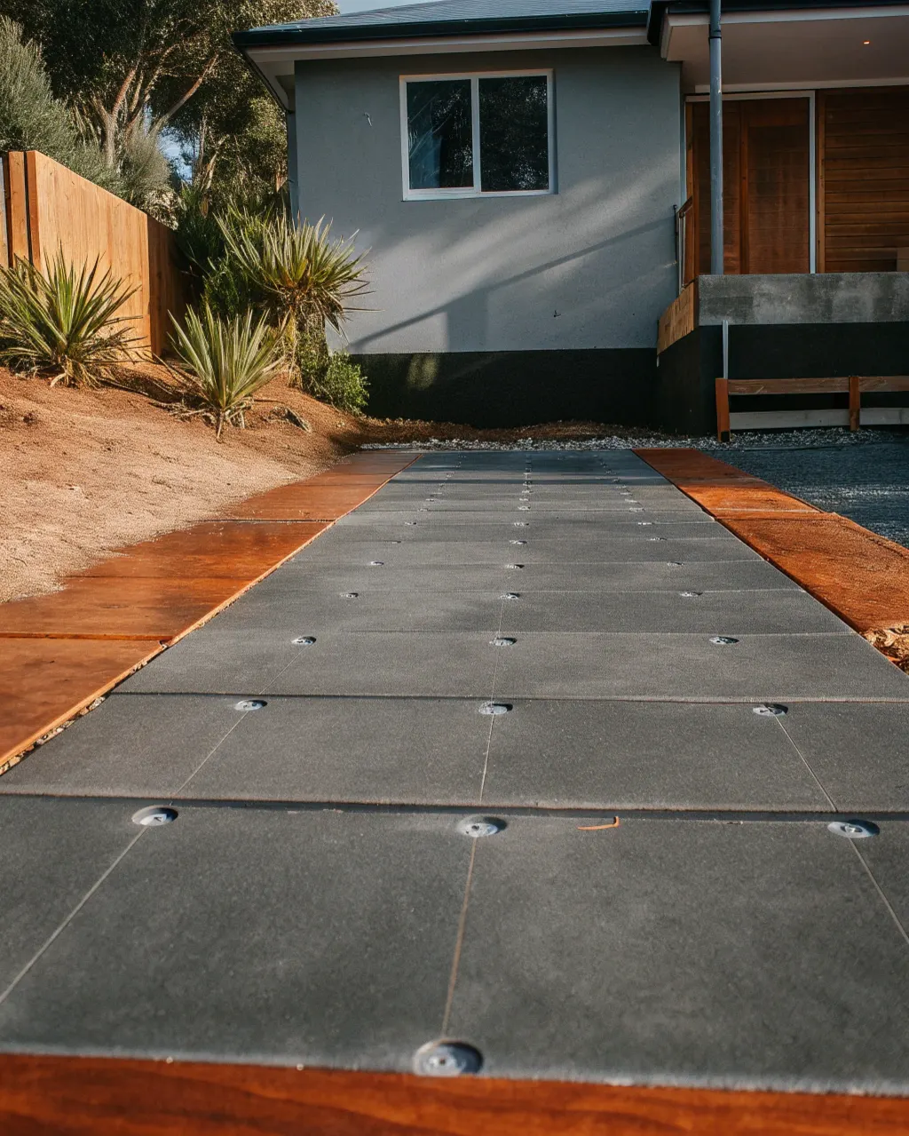 Recently repaired concrete driveway showing a smooth, restored surface
