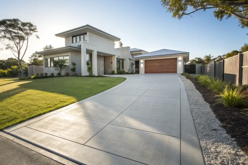 Completed residential concrete driveway installation for Newcastle suburban home