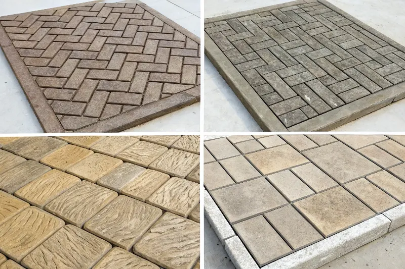 Comparison of popular stamped concrete patterns including herringbone, cobblestone, flagstone and wood plank