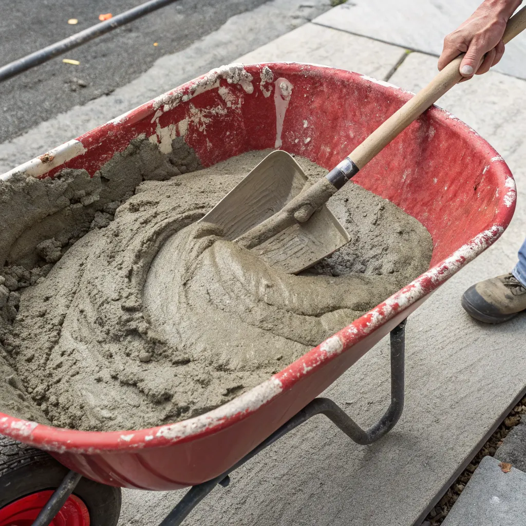 Proper premix concrete consistency mixed in wheelbarrow for Newcastle DIY projects